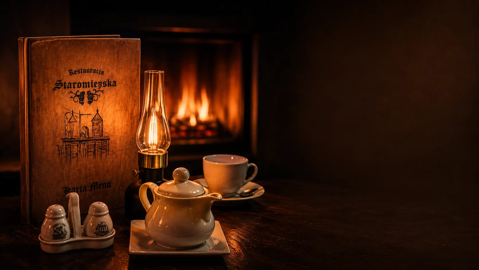 Wnętrze restauracji Staromieyska w Będzinie - karta menu przy kominku