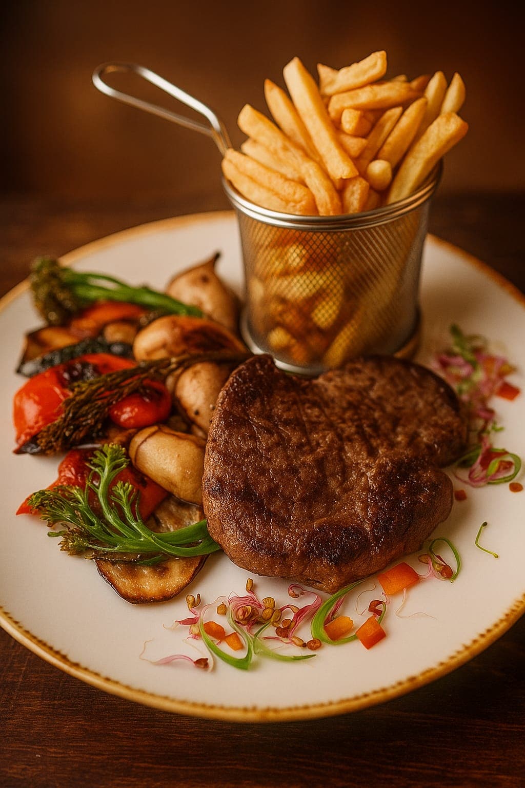 Stek z polędwicy wołowej w zielonym pieprzu (150g),                  podany z frytkami i grillowanymi warzywami