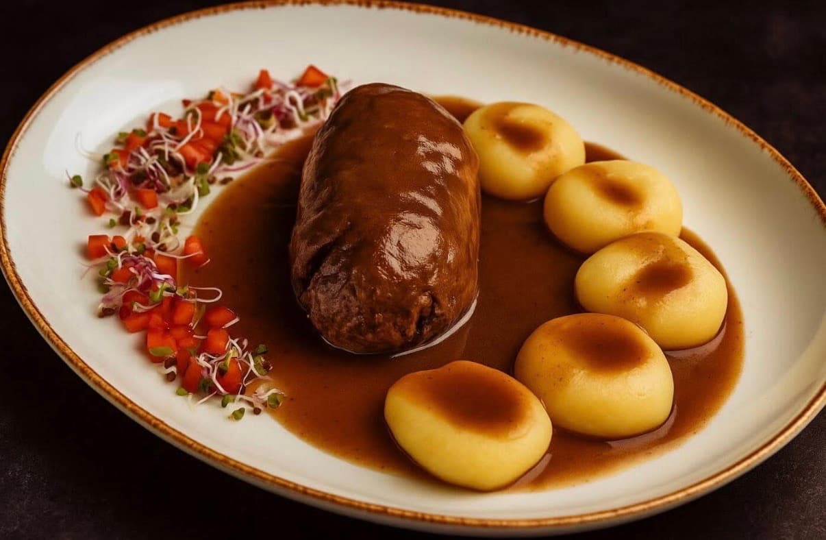 Rolada wołowa (230g) podana z kluskami śląskimi i modrą kapustą