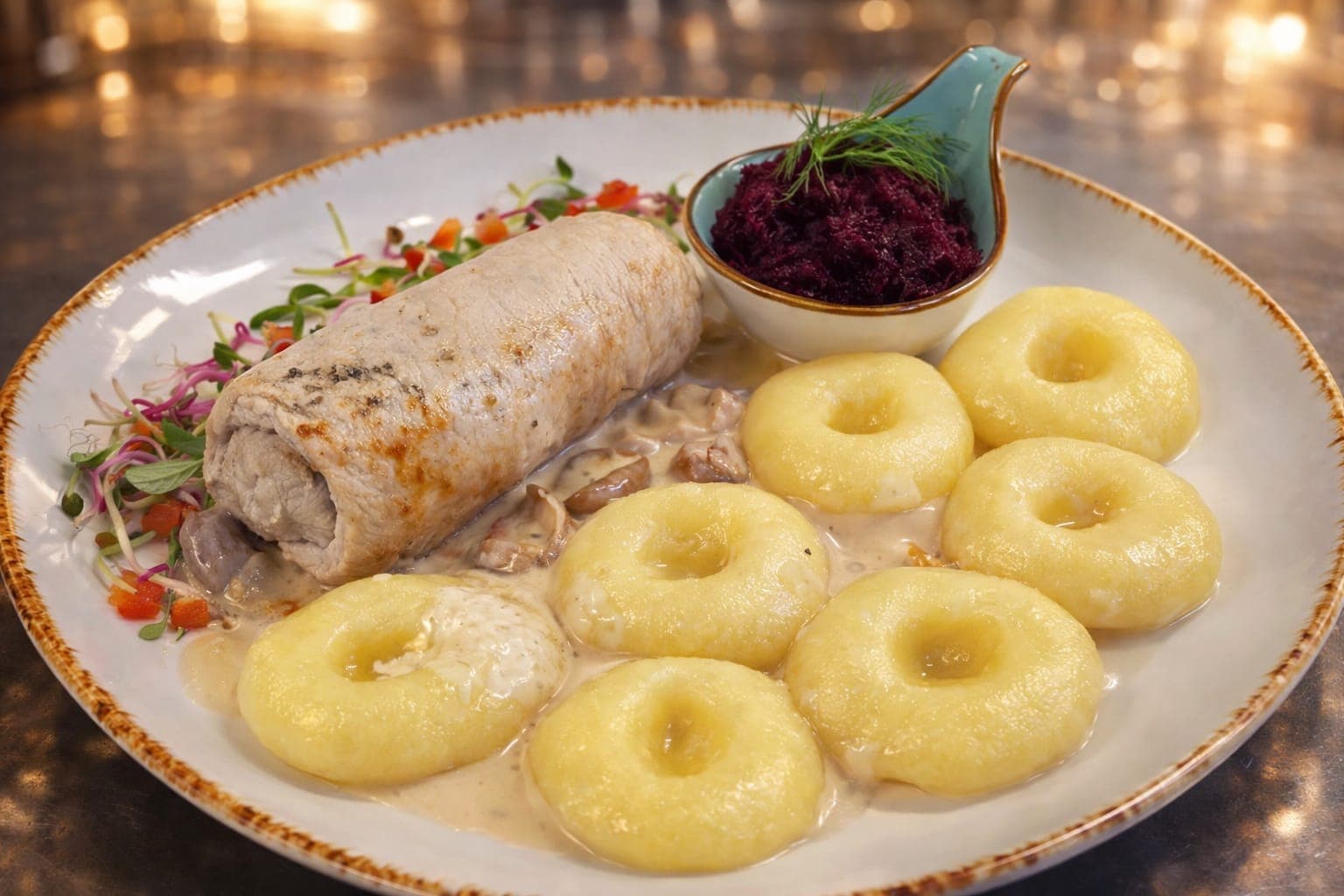 Rolada zagłębiowska (200g) w sosie borowikowym z kluskami śląskimi i buraczkami