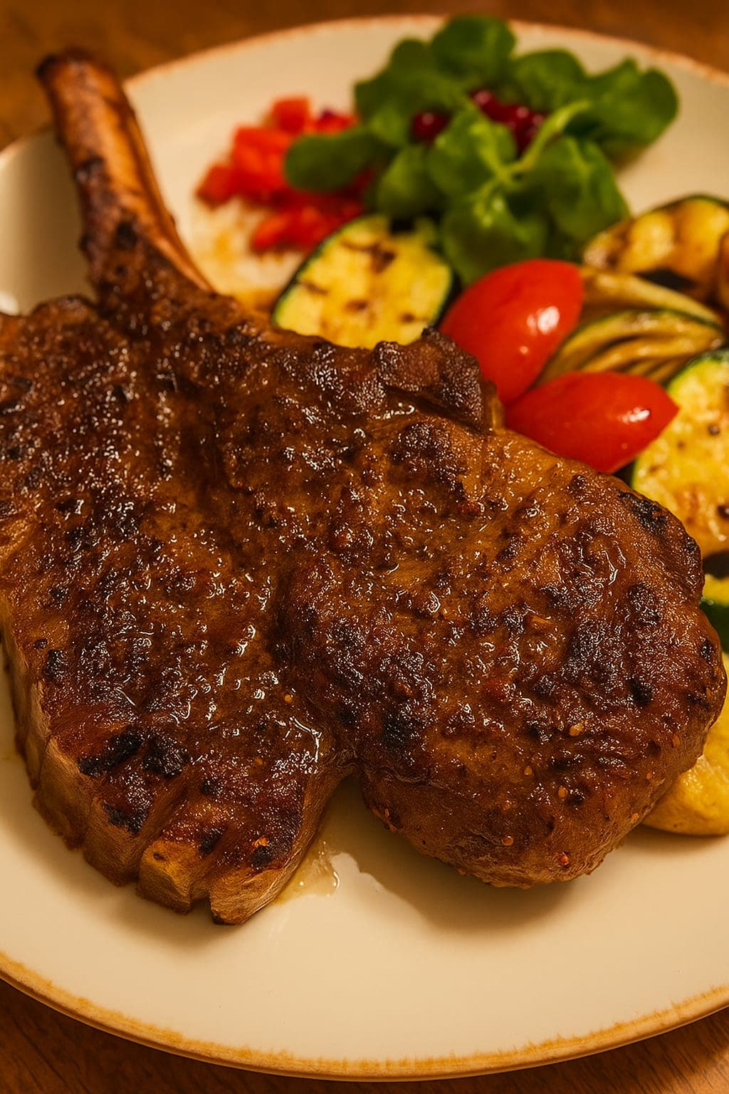 Tomahawk stek wieprzowy (250g) z mix sałat i sosem malinowym