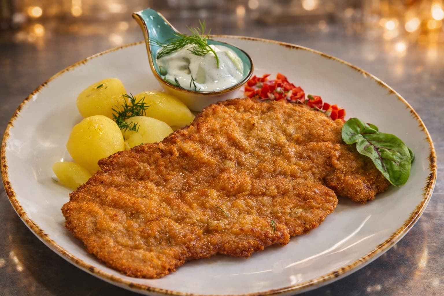 Kotlet schabowy (180g) z ziemniakami i mizerią ze śmietaną (400g)
